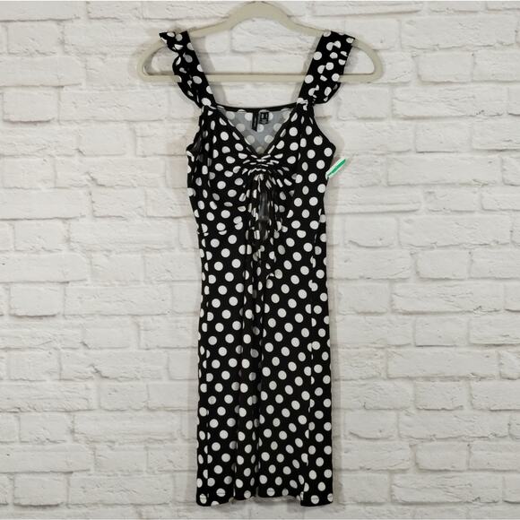 A Vero Moda Women's Black White Polka Dot Ruched Cut Out Tie Mini Dress NWT S - Picture 4 of 13